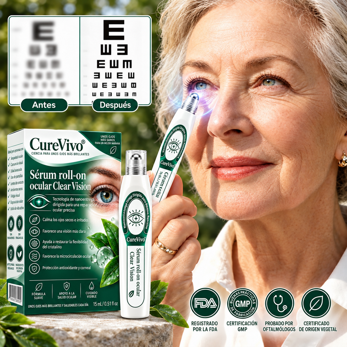 CureVivo® Nano Clear Vision Suero en Rodillo Ocular – Alivio Ocular Profesional y Soporte para la Visión