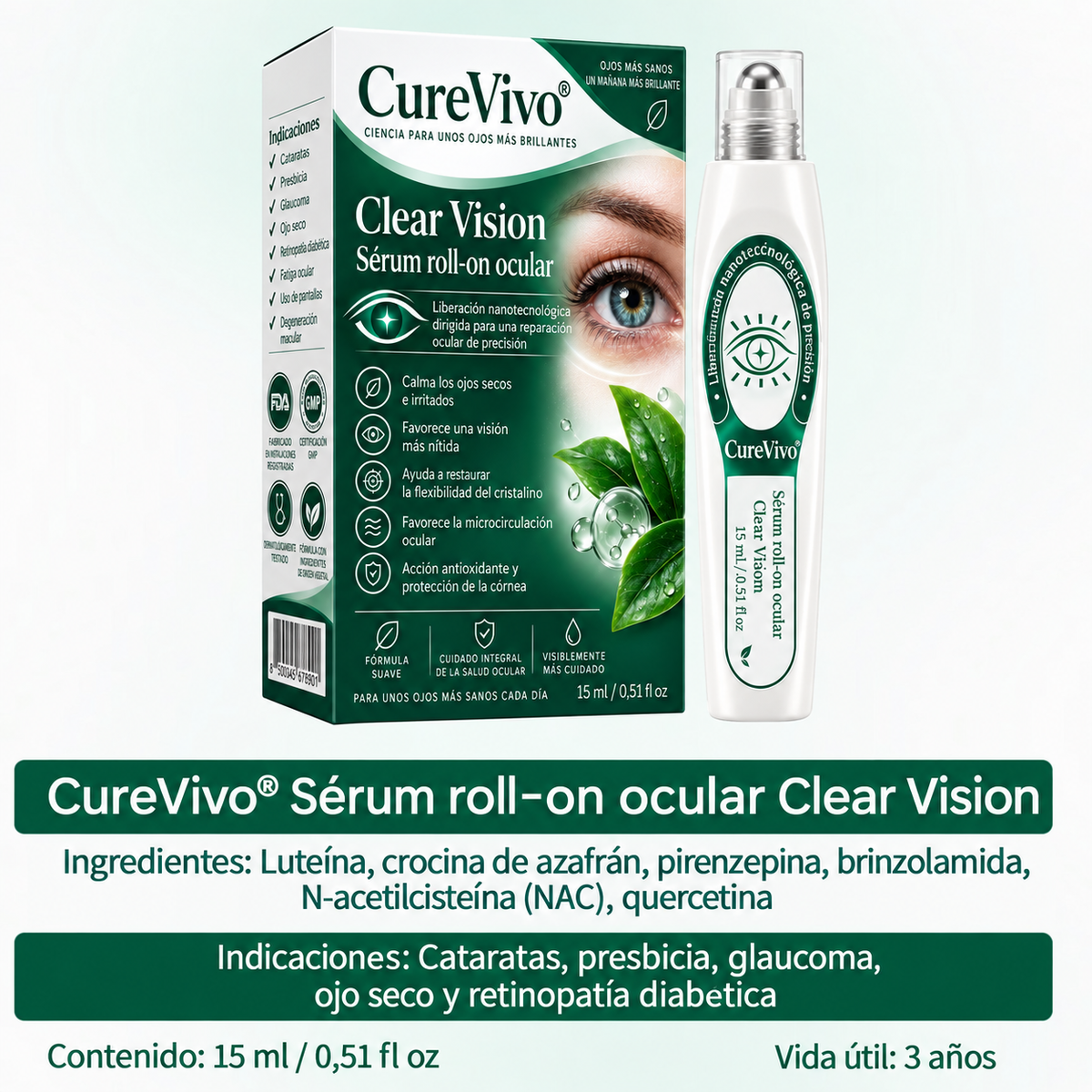 CureVivo® Nano Clear Vision Suero en Rodillo Ocular – Alivio Ocular Profesional y Soporte para la Visión