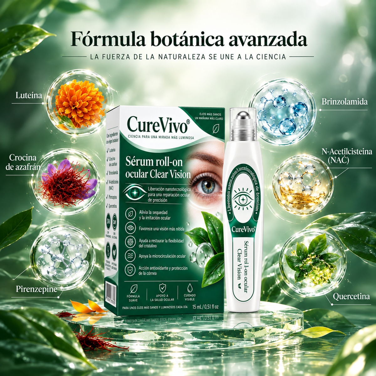 CureVivo® Nano Clear Vision Suero en Rodillo Ocular – Alivio Ocular Profesional y Soporte para la Visión