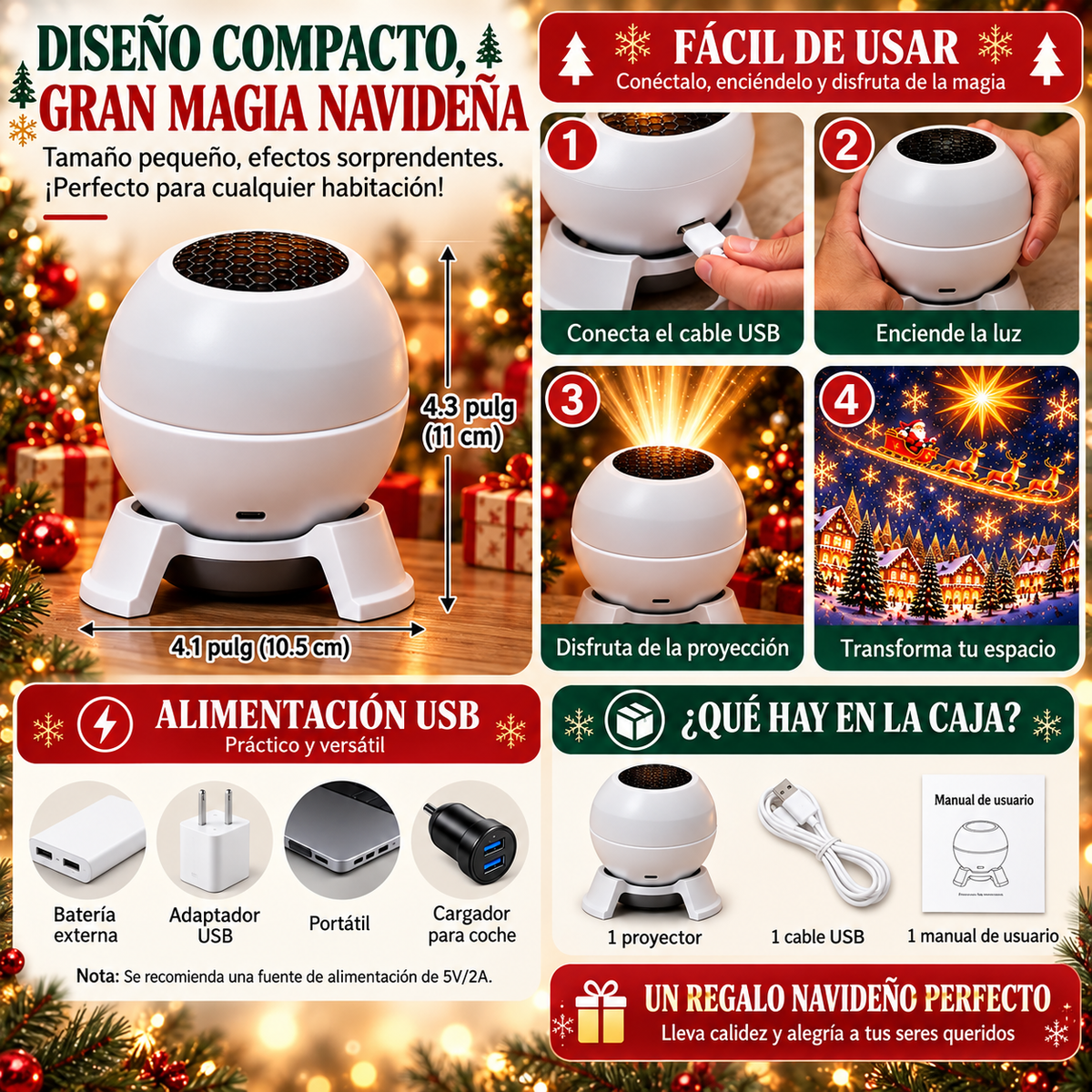 💡 2️⃣Convierte cualquier habitación en un mágico mundo navideño – Luz nocturna con proyección